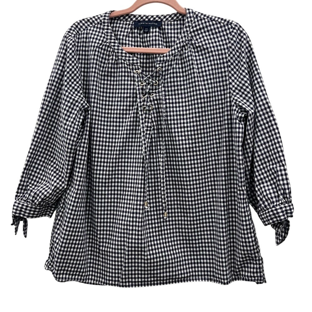 Black & White Gingham Lace-Up Women's Top